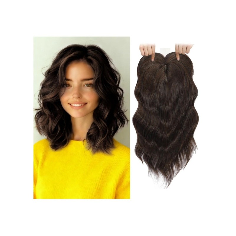 TYQ Hair Topper 14 Inch Synthetic Curly Wavy Side Part Dark Brown Chestnut Mix