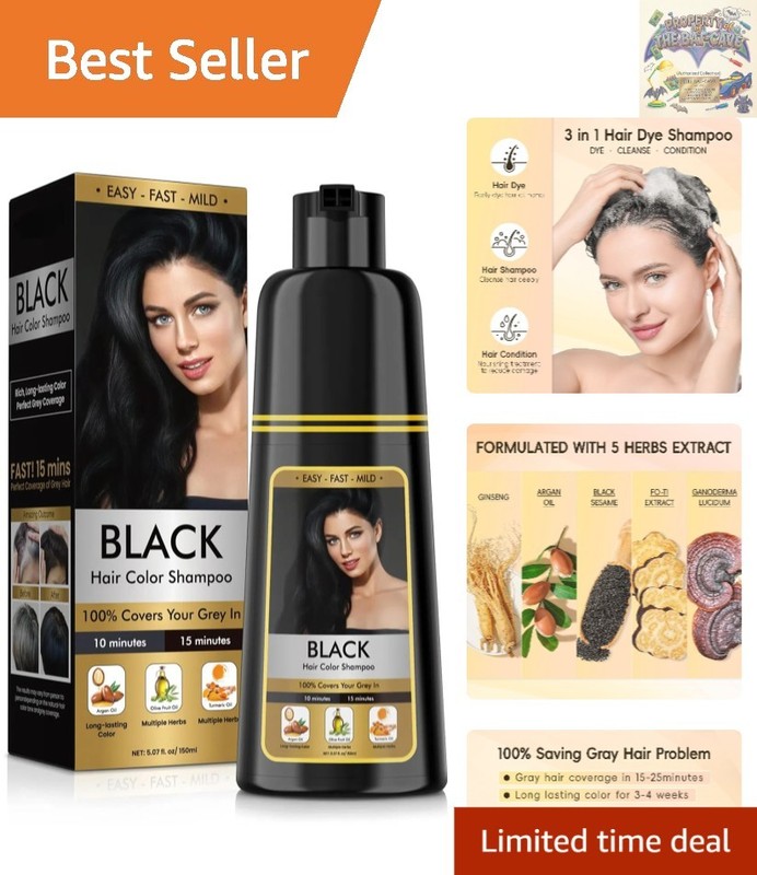Natural Black Hair Dye Shampoo – 100% Grey Coverage & Moisturizing Care – 150ml