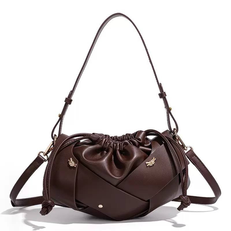 Dark Brown Woven Drawstring Shoulder Bag Women Crossbody Purse
