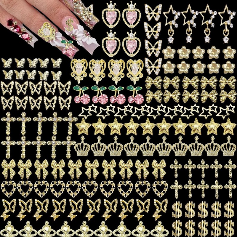 160pcs Gold Nail Charms 3D Butterfly Cherry Heart Cross Bow Star Dollar Flower C