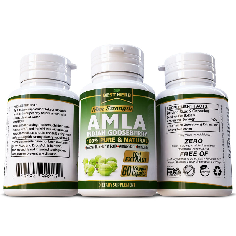 Pure AMLA Indian Gooseberry 1000mg Natural Supplement Pills 60 Vegan Capsules gallery