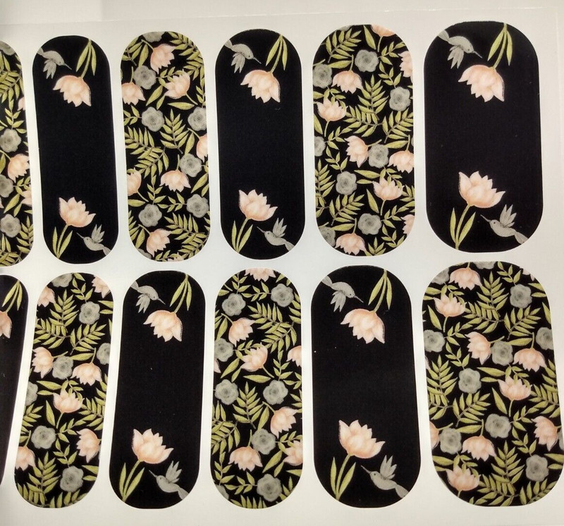 Jamberry Nail Wrap «Happily Humming» Black Hummingbird Pastel Floral Full Sheet