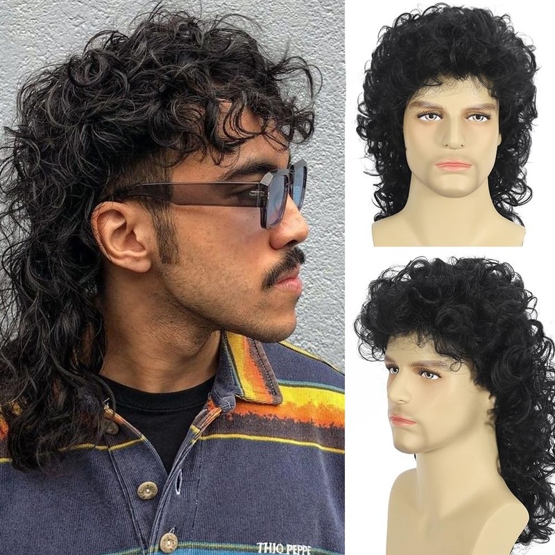 Men’s 22in Black Long Curly Rock Punk Wig Heat Resistant Synthetic Cosplay Party