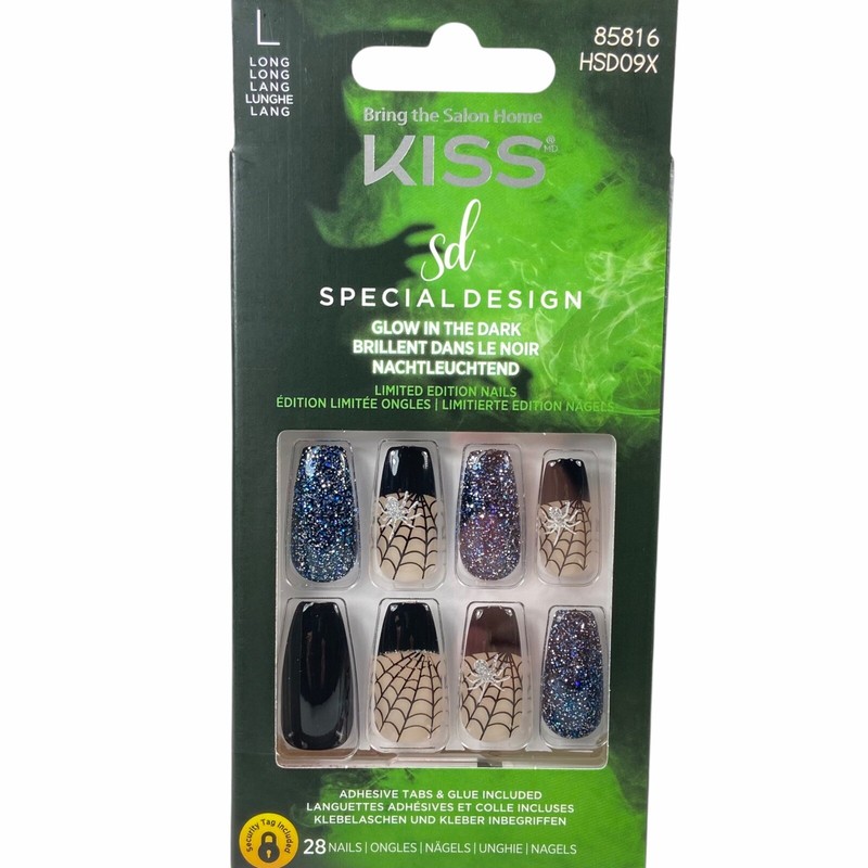 NEW Kiss Nails Halloween Glue Press Manicure Long Coffin Black Spider Web Silver