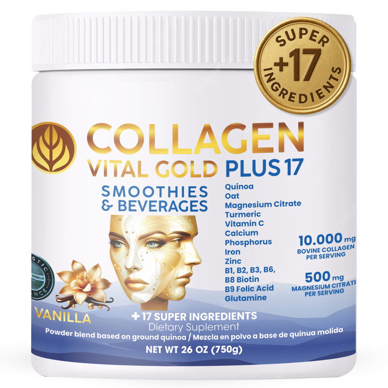 Collagen Peptides Powder + 17 Super Ingredients | 26 Oz, Vanilla Flavor.