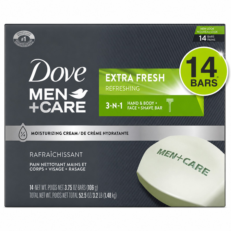 Dove Men+Care Extra Fresh 3-in-1 Bar Soap 14 Bars Body Face Shave 3.75oz
