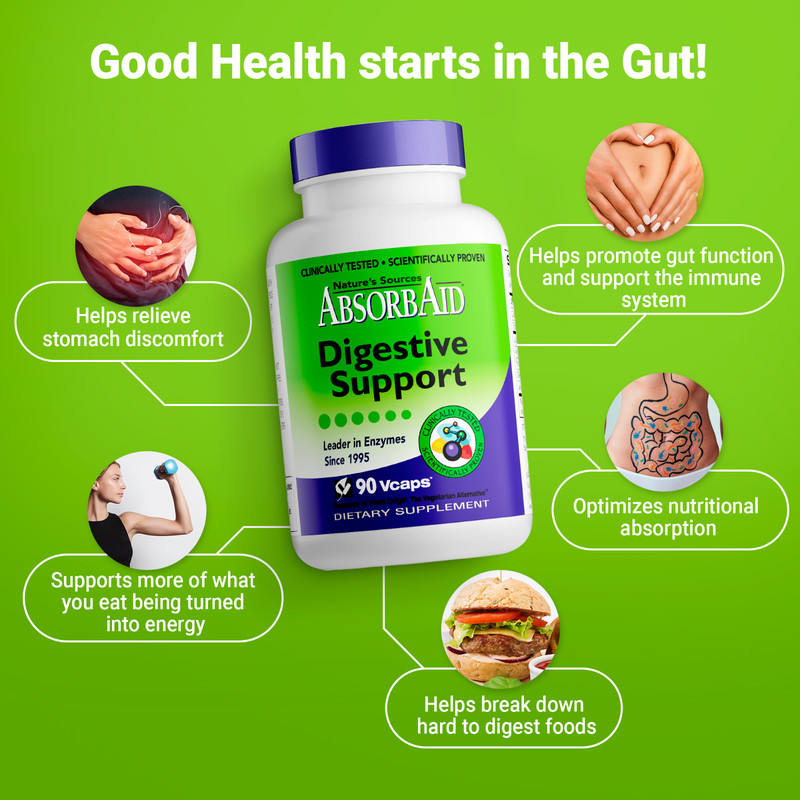 Absorbaid Natural Digestive Enzyme-relief for gas, bloating, acid reflux-90 caps