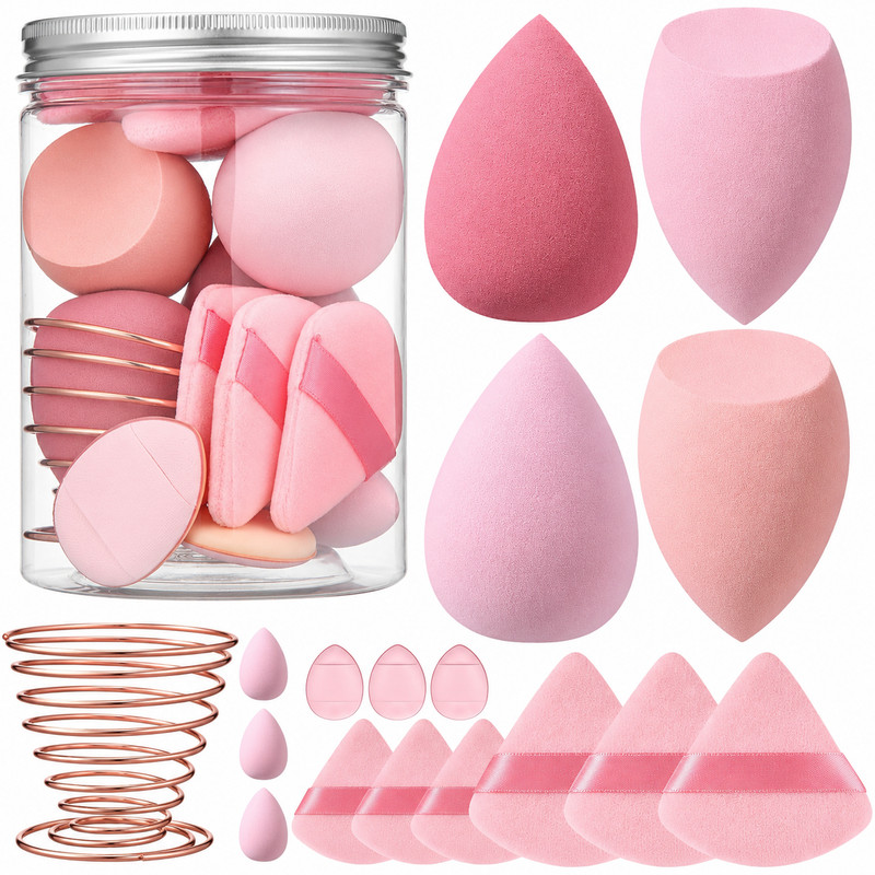 17PCS Makeup Sponge Set with Powder Puffs Mini Beauty Blender Holder Pink