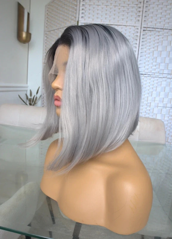 Ombre zilvergrijze bob pruik | lace front wig | 14/16 inch | natural look gallery