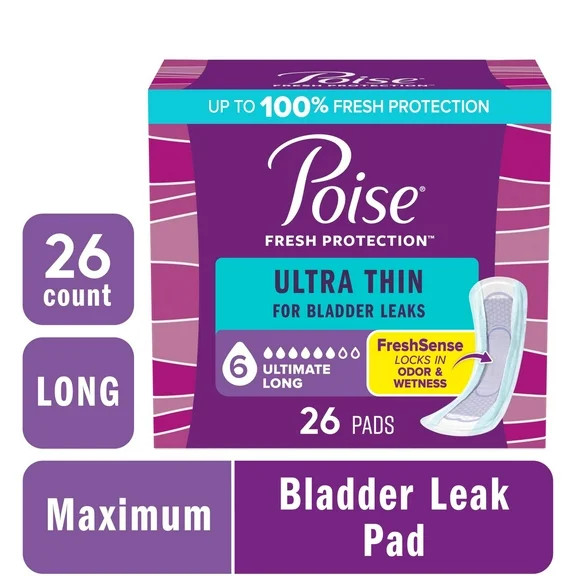 Poise Ultra Thin Incontinence Pads, 6 Drop Ultimate Absorbency, Long Length, 26