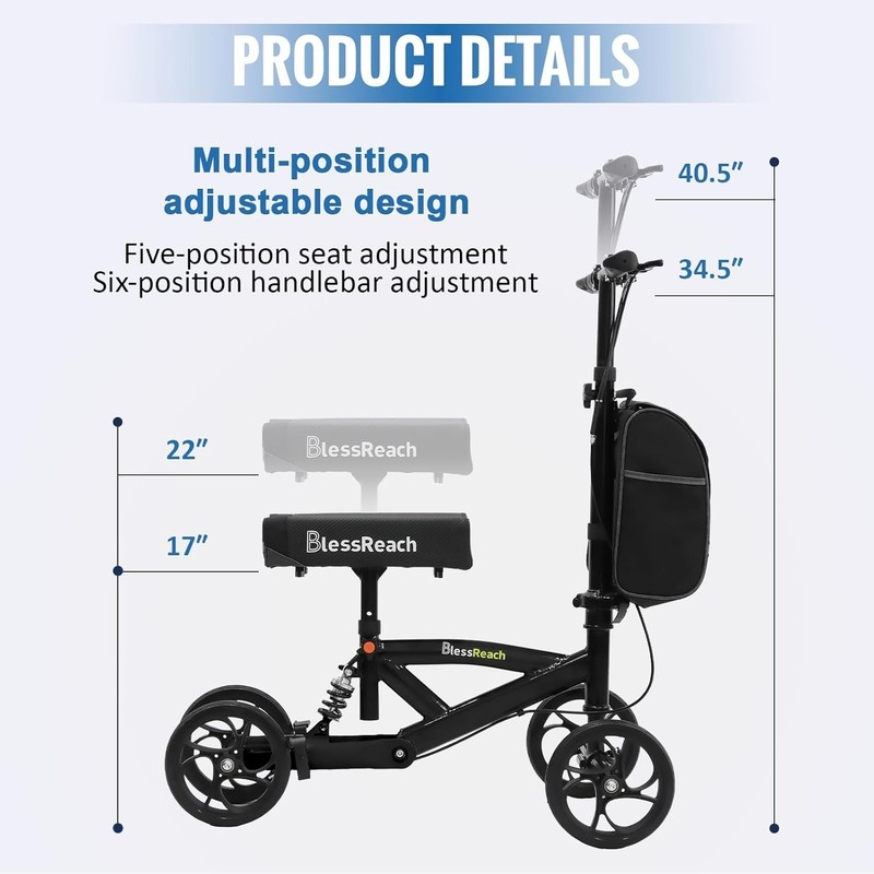 BlessReach Knee Walker Scooter Foldable Adjustable Height 4-Wheel Black WB-2202 gallery