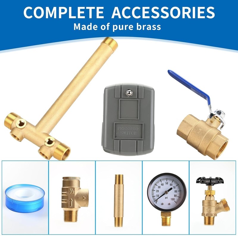 1"x11" Well Pressure Tank Tee Kit, 30/50psi Pressure Switch, Brass, 16" Tanks gallery