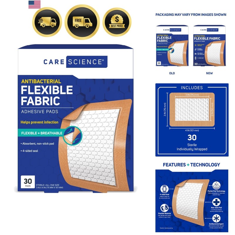 Fabric Adhesive Pad Bandages, 3×4 inches Extra Large Flexible Non-Stick Strip…