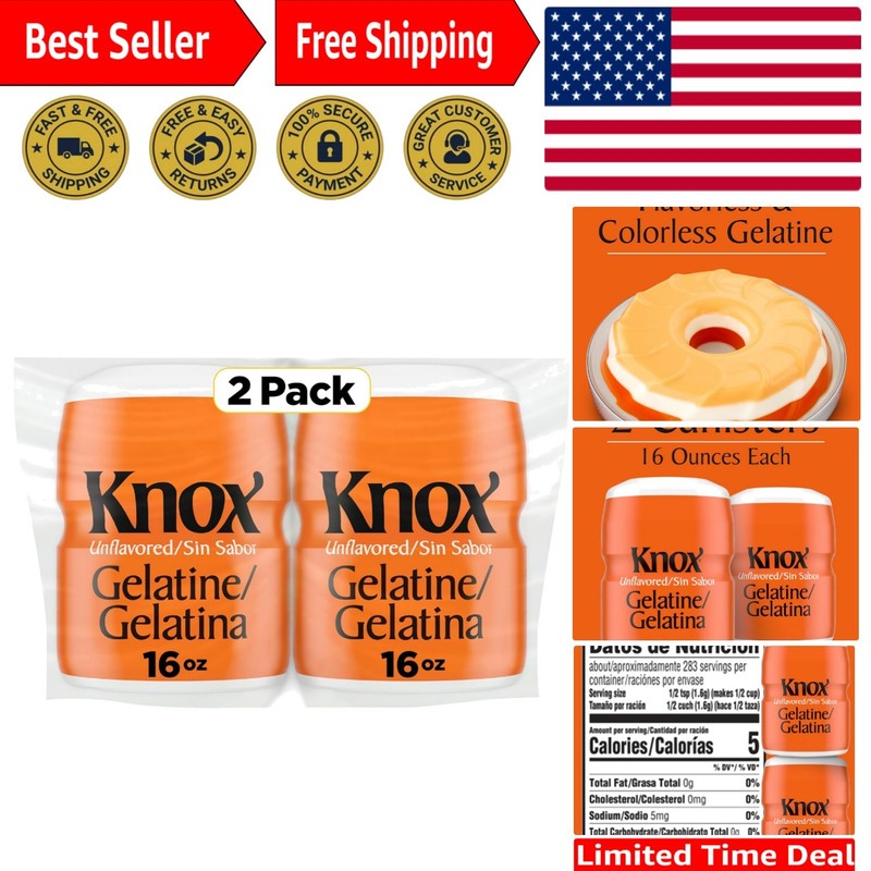 Fat-Free Unflavored Gelatin, 2 Count, 16 Oz Canisters for Guilt-Free Cooking