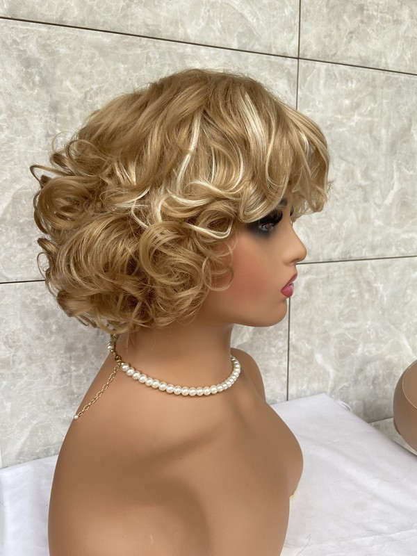 Short Fluffy Curly Wavy Blonde Mix Free Hairstyle Human Hair Blend Heat Ok Wig gallery