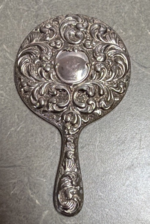 Vintage Silver Tone Compact miniature mini Hand Held Mirror with Floral Design