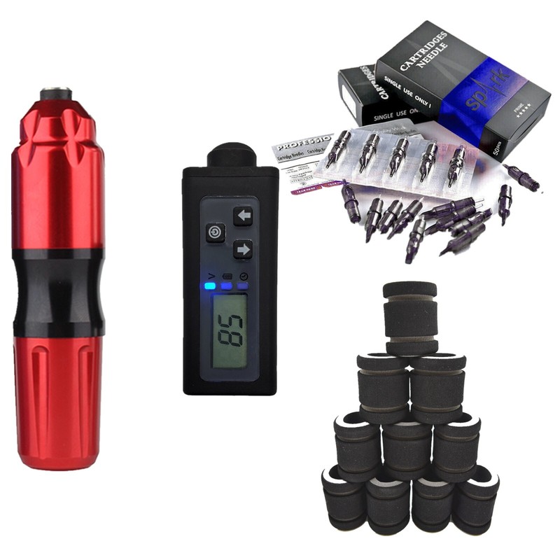 Tattoo Rotary Machine Battery Pack 50PC Mixed Liner Needles 20PC Foam Grip Cover