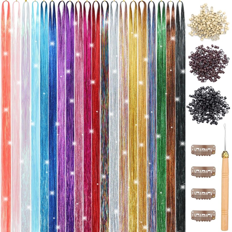 8800 Strands 20 Colors Heat Resistant Hair Tinsel Glitter Extensions 48 Inches
