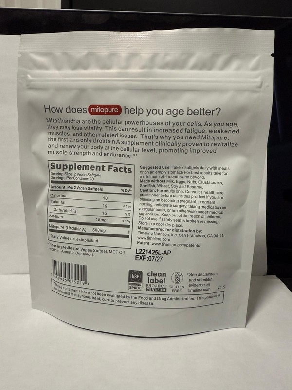 Time-Line Mitopure Urolithin A 500mg – 60 Softgels – Longevity Supplement –07/27 gallery