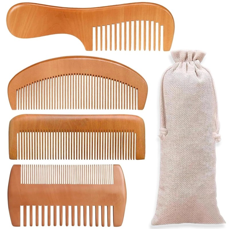 4 Pcs Natural Bamboo Comb Set, Wide Tooth Detangling Beard & Hair Combs with Bag
