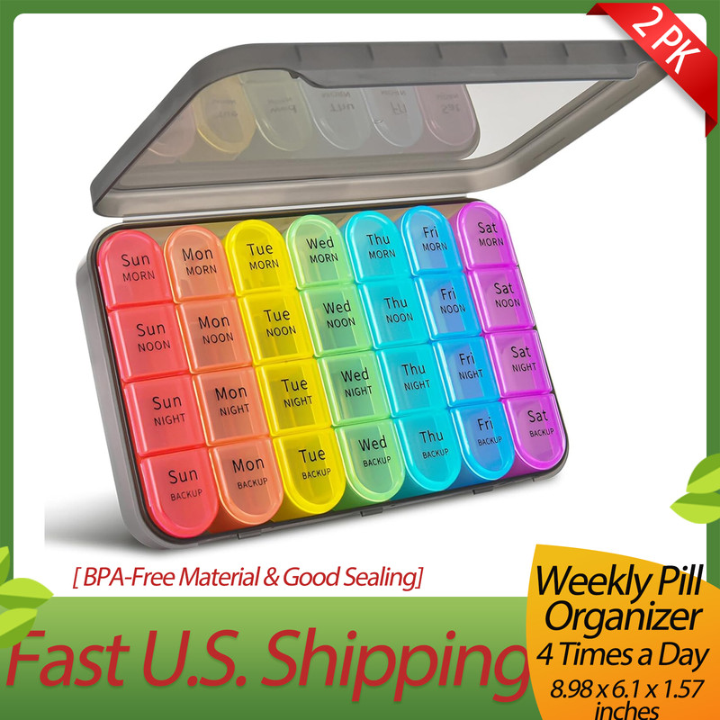 2 Pack Weekly Pill Organizer 4 Times a Day,Portable Travel Pill Container Case