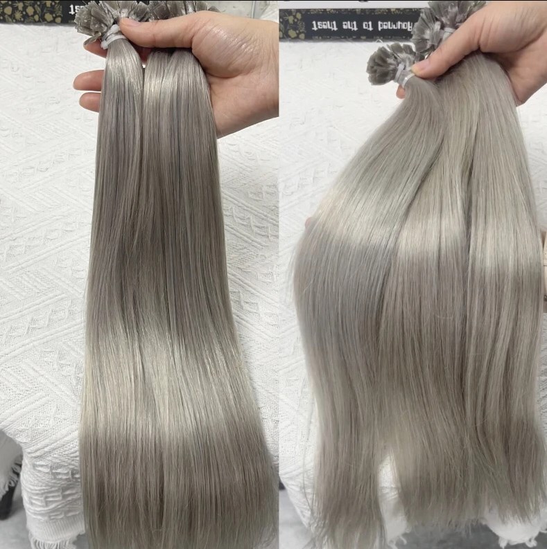 Flat Keratin Tip 100% Remy Human Hair Extensions Fusion Hair SLIVER Grey 100g gallery