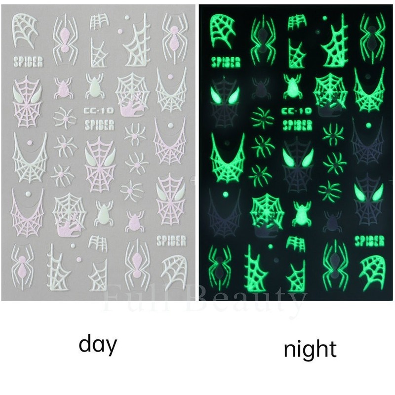 4Pcs Glow in The Dark Halloween Glitter Nail Decals Ghost Spider Web Skull NH30 gallery