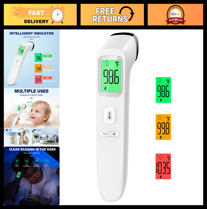 No-Touch Digital Thermometer for Adults & Kids, Accurate Fever Alarm, Silent Mod