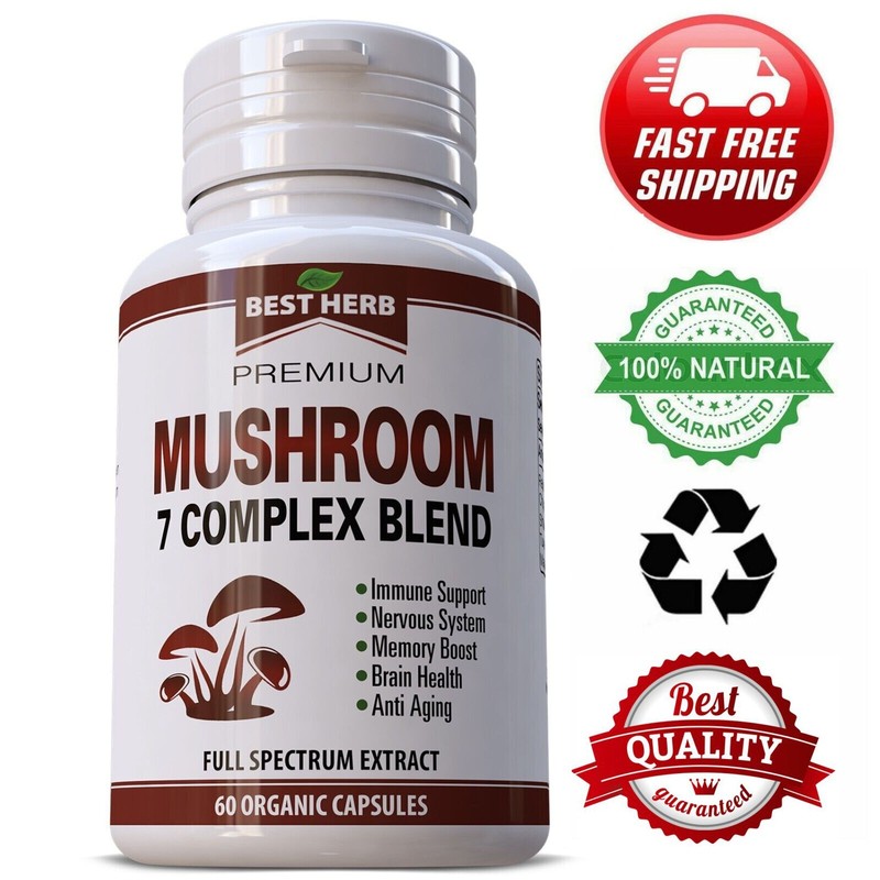 MUSHROOM 7 COMPLEX BLEND 60 ORGANIC PILLS REISHI LIONS MANE SUPPLEMENT