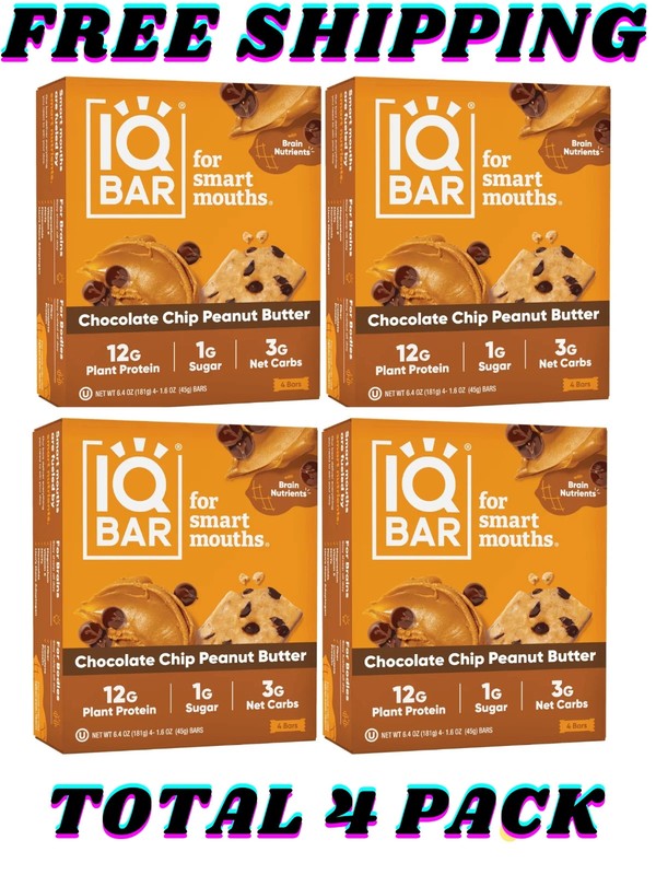 IQBAR Chocolate Chip Peanut Butter Protein Bars-Vegan Energy Bars-H (pack of 4)