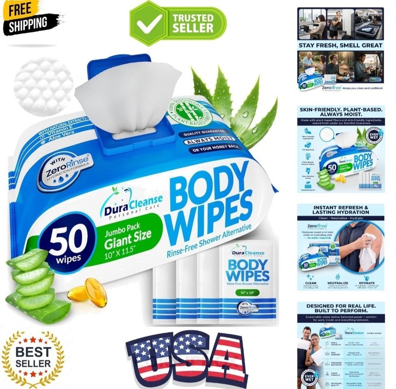 🚩XXL Body Wipes for Adults Bathing No Rinse – 50 Ct. + 4 54 Count (Pack of 1)
