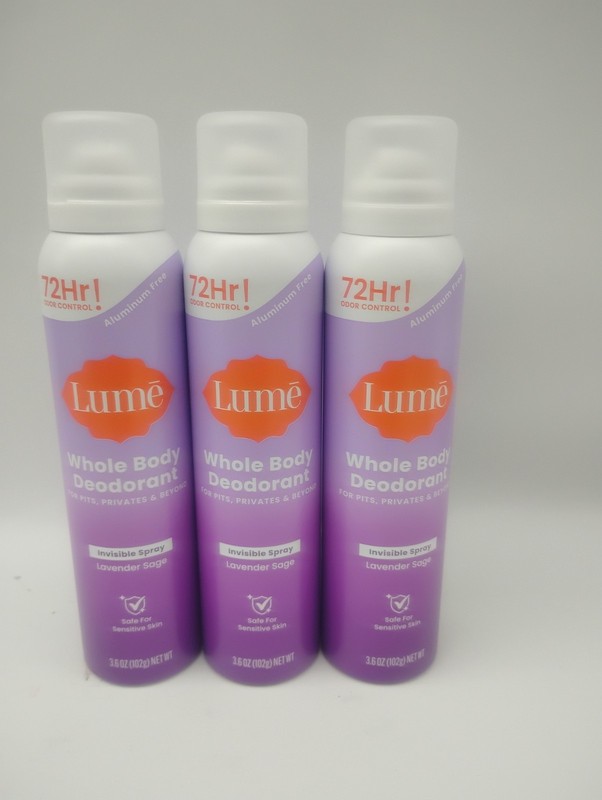 3 Cans Lume Whole Body Invisible Spray Deodorant – Lavender Sage 3.6oz