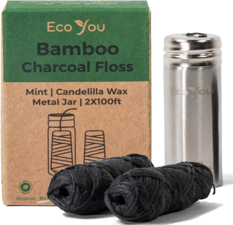 Charcoal Bamboo Floss | 2 Non Toxic Natural Floss Refill with Metal Container |