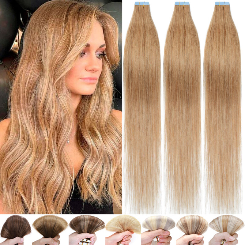 Tape In Stick Russian Remy Human Hair Extensions Skin Weft Full Head 20/40Pieces