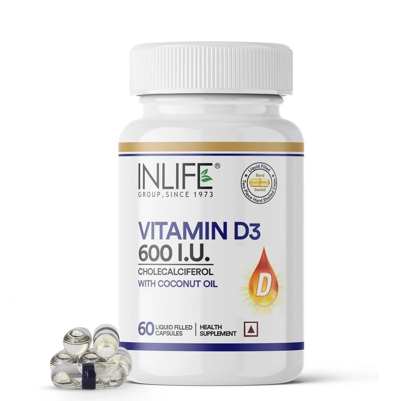 INLIFE Vitamin D3 600 IU Cholecalciferol Supplement with Coconut Oil 60N