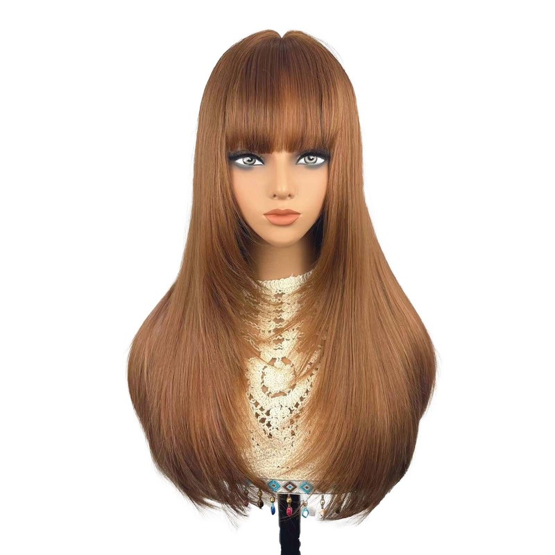 Black Long Straight Layered Wig With Bangs Women Synthetic Heat Resistant 26in