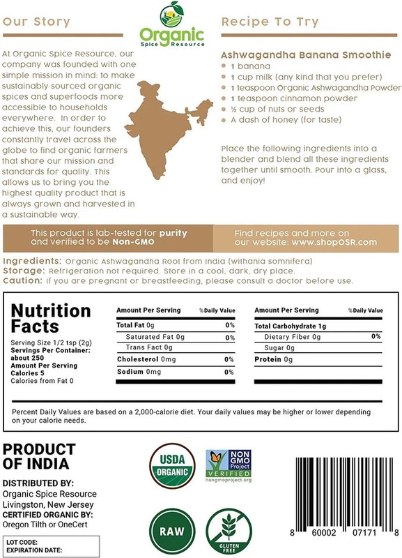 Organic Ashwagandha Root Powder - 1.10 Lbs (17.64 Oz) | Resealable Kraft Bag,Non gallery
