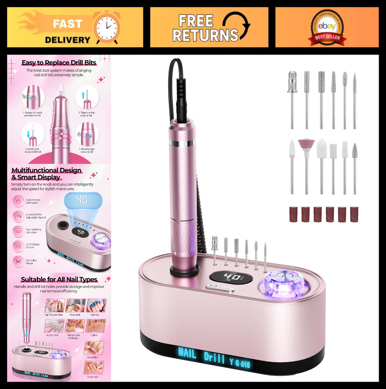 40000RPM Electric Nail File Drill Kit with LCD Display for Manicure & Pedicure