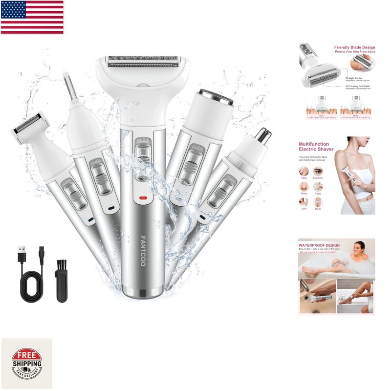 5-in-1 Electric Razor for Women – Rechargeable Lady Shaver Set in Silver