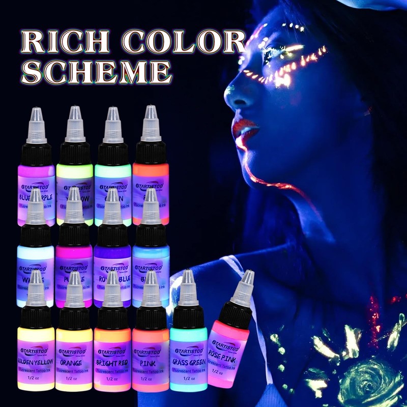 14 Color Fluorescent Tattoo Ink Set 15ml Bottles - Professional Pigment Kit gallery