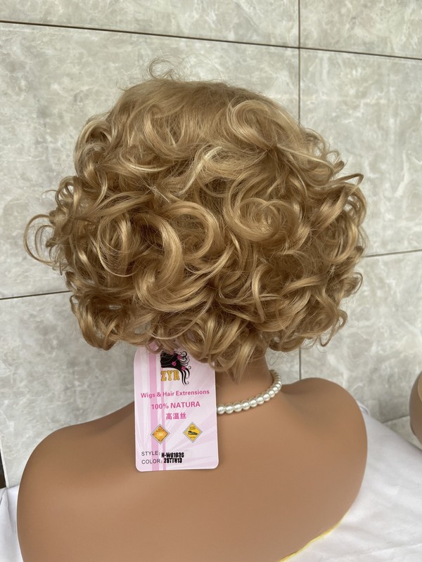 Short Fluffy Curly Wavy Blonde Mix Free Hairstyle Human Hair Blend Heat Ok Wig gallery