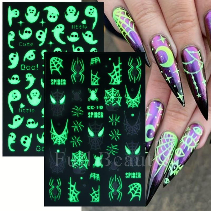 4Pcs Glow in The Dark Halloween Glitter Nail Decals Ghost Spider Web Skull NH30 gallery