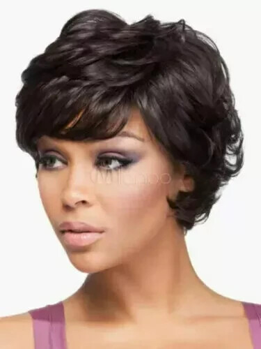 Real hair New Beautiful Women's Short Dark Brown Wavy Human Hair Full Wigs gallery