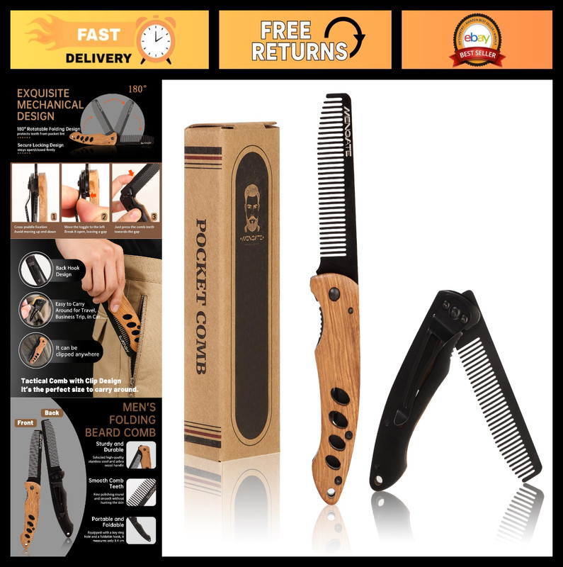 Compact Folding Pocket Beard & Mustache Comb – Metal Grooming Tool with Wooden H