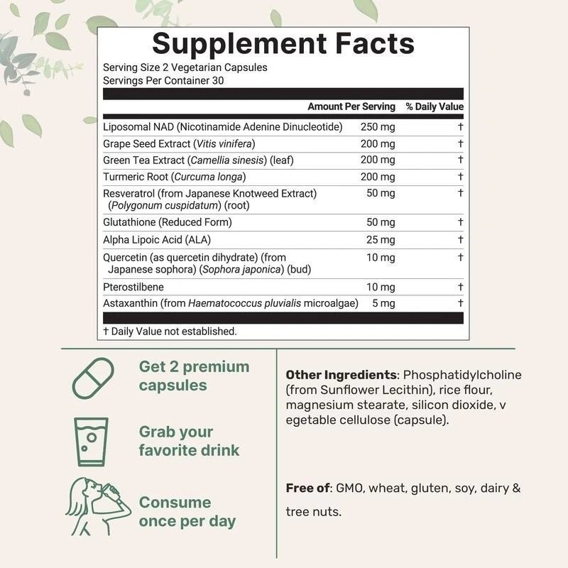 Liposomal NAD+ Ultimate 10-in-1 with Resveratrol ,1000mg | 60 Veggie Capsules gallery