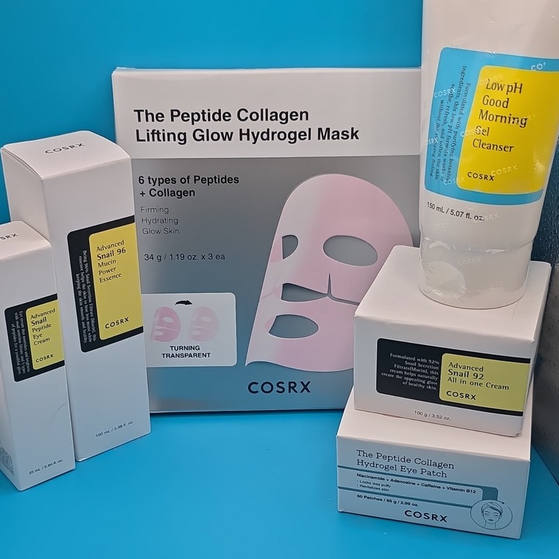 COSRX 6pc set korean skin care routine, face masks, gel cleanser, eye cream. Ect
