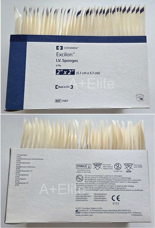 COVIDIEN EXCILON 7087 Gauze I.V. Sponges 2″x2″ 6-Ply 70/BX (35×2) Pe-Cut Notch