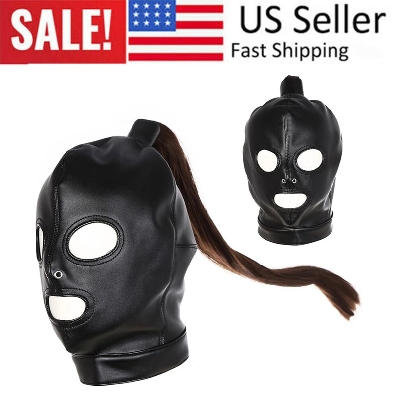 PU Leather Bondage Mask Hood with Hair Ponytail Head Restraint Headgear Harness
