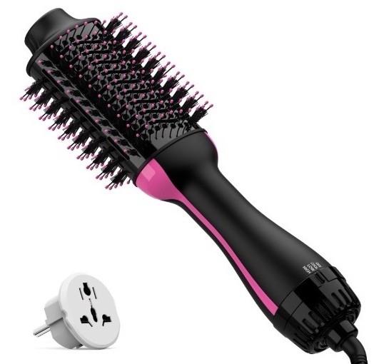 Dual Voltage Ionic Hot Air Brush Dryer Anti-Frizz Travel Size Black/Pink