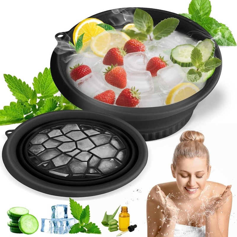Silicone Collapsible Face Bowl with Built-in Ice Tray, Modern Style, Black